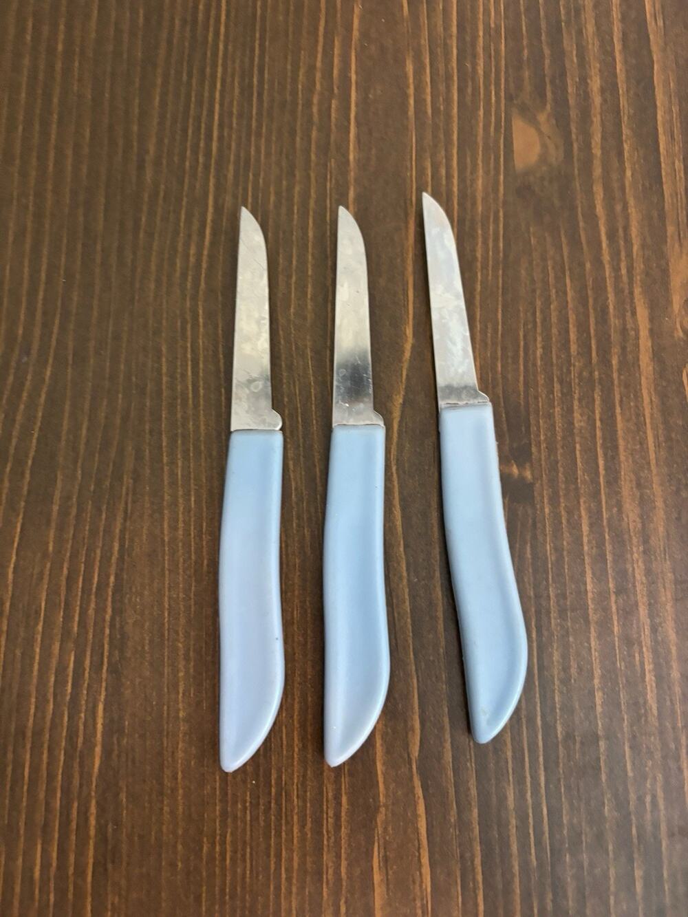 Lot of 3 Stainless Unbranded Kitchen Paring Knives Country Blue Handles